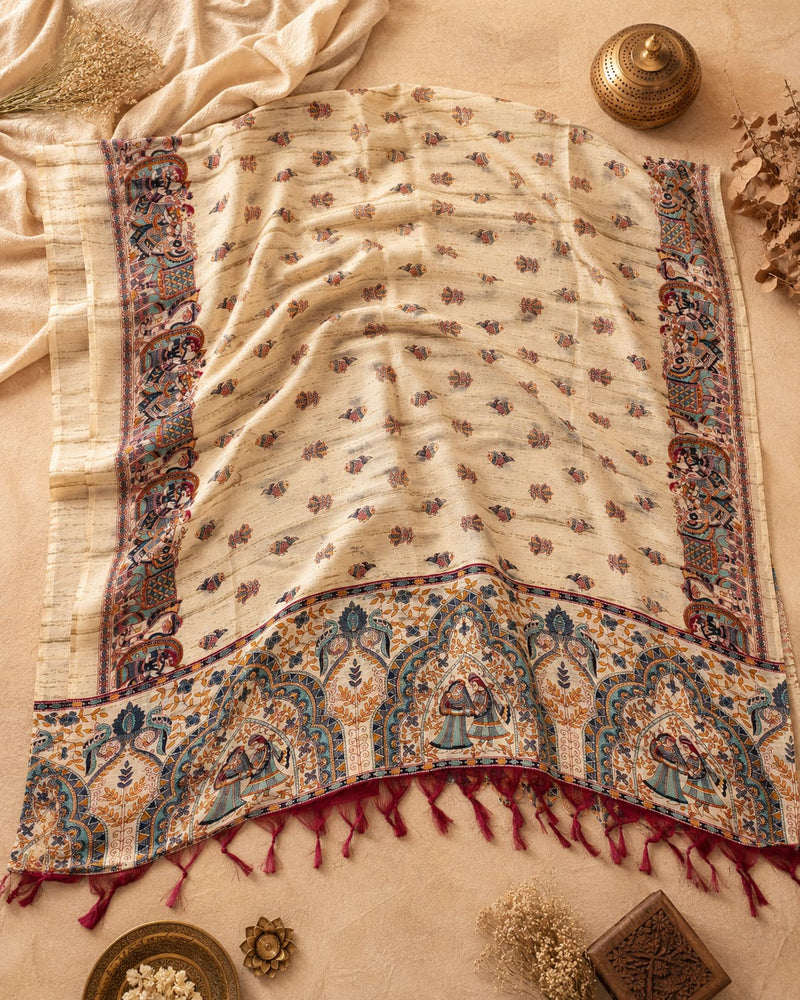 Kalamkari Printed Art Silk Dupatta for Women.