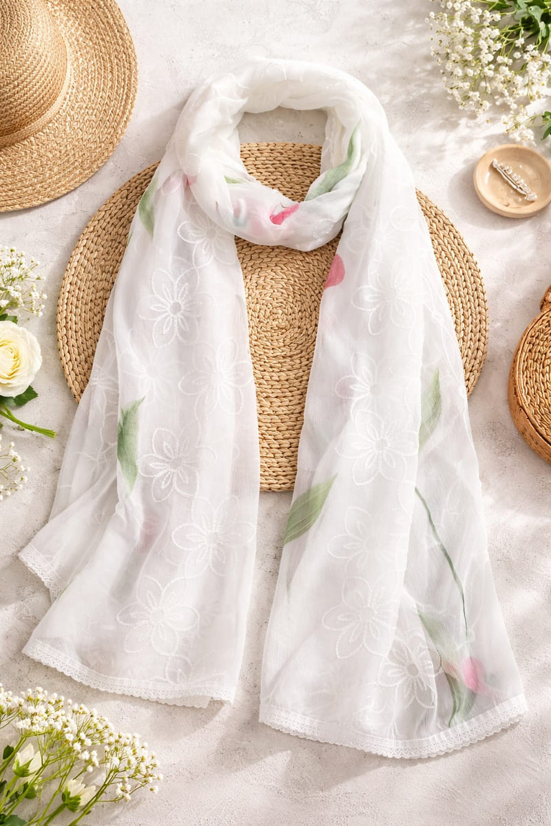 Women's White Chiffon Thread Work Floral Printed Dupatta