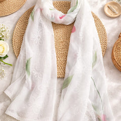Women's White Chiffon Thread Work Floral Printed Dupatta