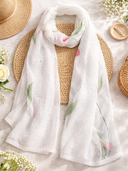 Women's White Chiffon Thread Work Floral Printed Dupatta
