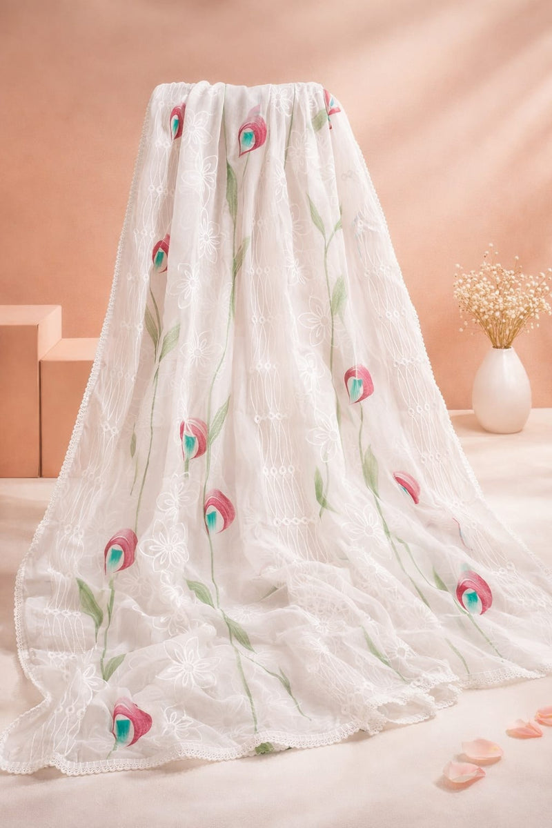 Women's White Chiffon Thread Work Floral Printed Dupatta