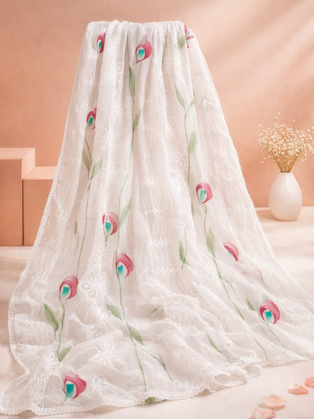 Women's White Chiffon Thread Work Floral Printed Dupatta