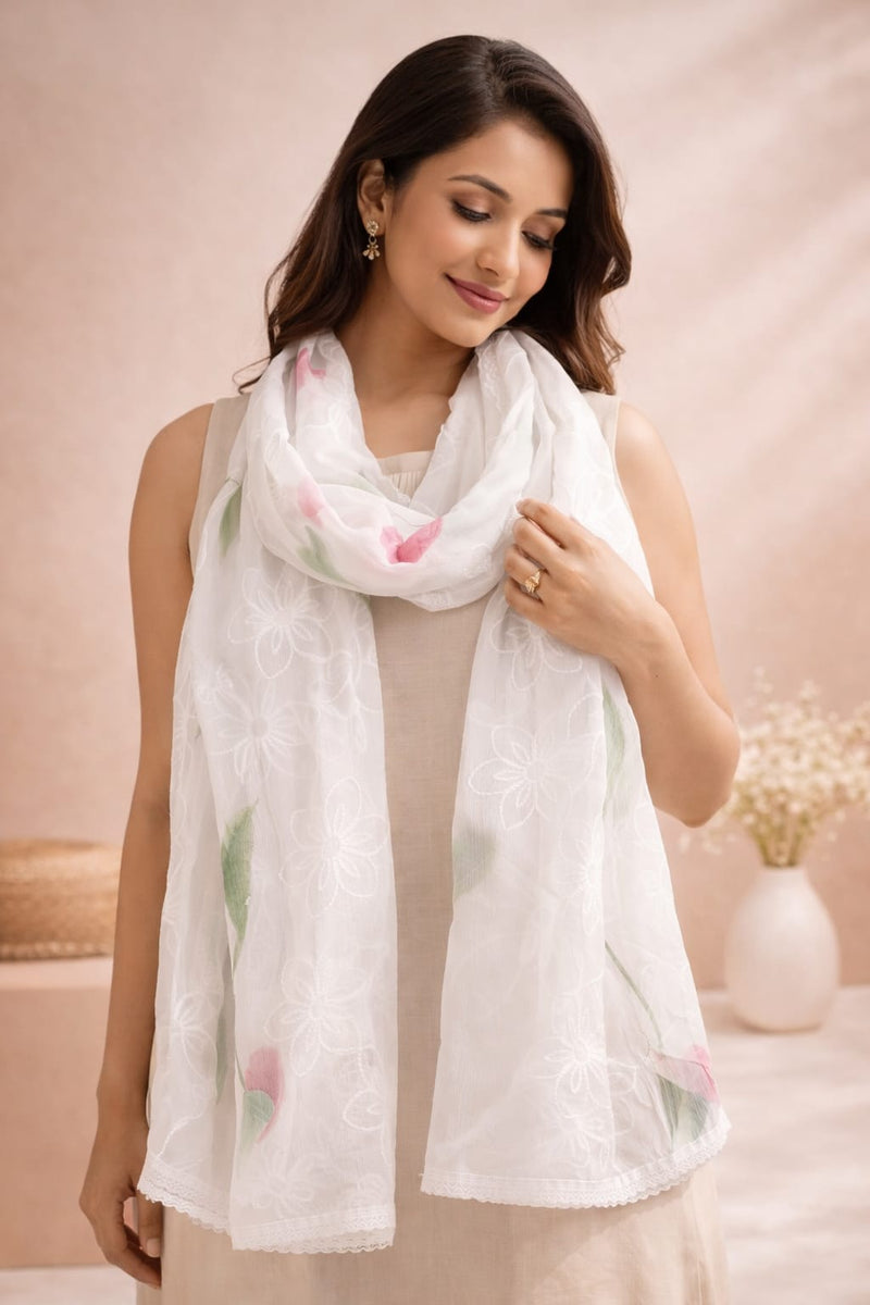 Women's White Chiffon Thread Work Floral Printed Dupatta