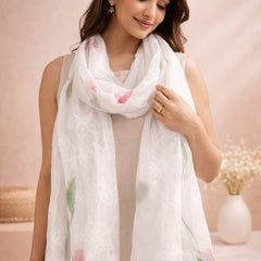 Women's White Chiffon Thread Work Floral Printed Dupatta