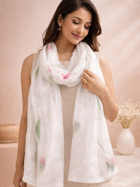 Women's White Chiffon Thread Work Floral Printed Dupatta