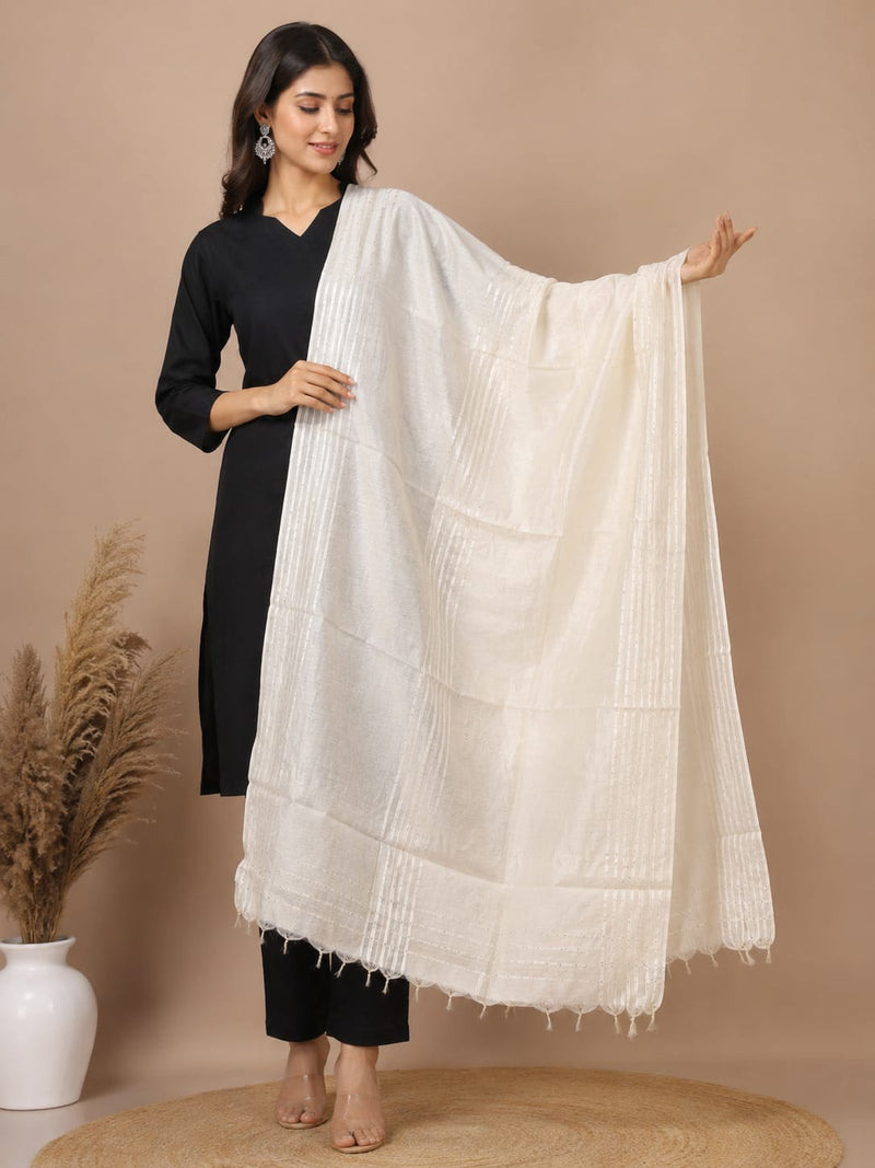 Off White Chanderi Silk Sequence Work Dupatta with Tassels for Women