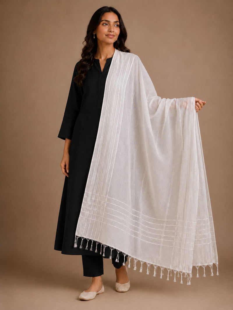 White Chanderi Silk Sequence Work Dupatta with Tassels | Elegant Ethnic Dupatta