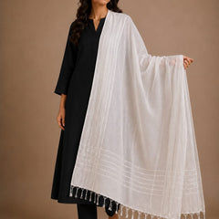 White Chanderi Silk Sequence Work Dupatta with Tassels | Elegant Ethnic Dupatta