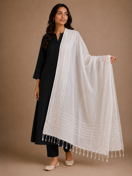 White Chanderi Silk Sequence Work Dupatta with Tassels | Elegant Ethnic Dupatta