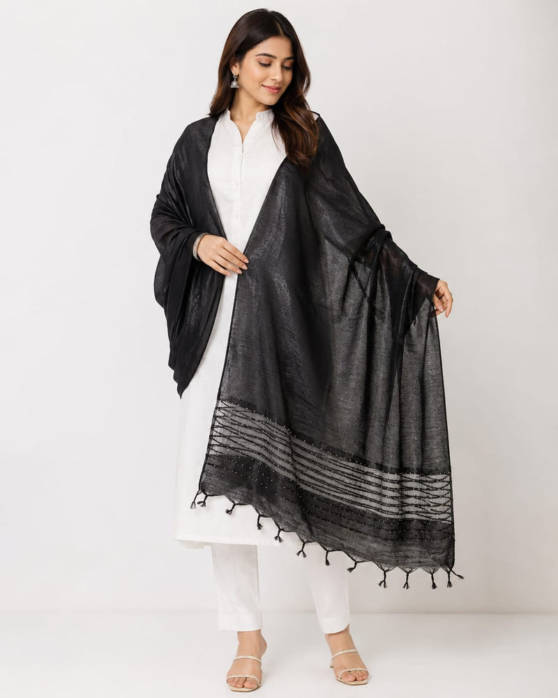 Black Chanderi Silk Sequence Work Dupatta with Tassels for Women