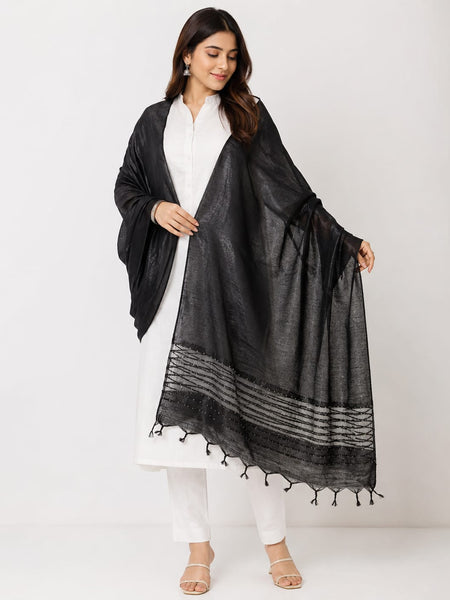 Black Chanderi Silk Sequence Work Dupatta with Tassels for Women