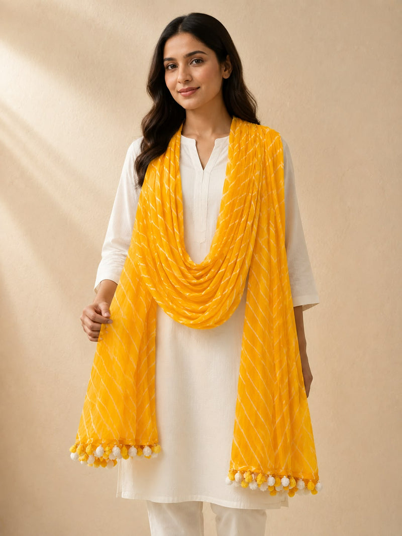Chiffon Leheriya Printed Dupatta with Pom Pom Lace
