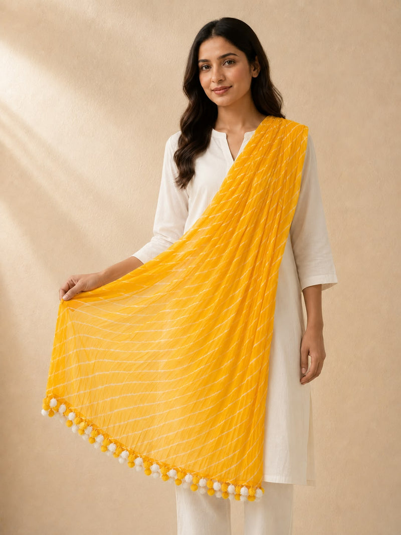 Chiffon Leheriya Printed Dupatta with Pom Pom Lace