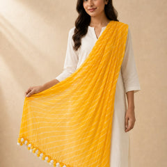 Chiffon Leheriya Printed Dupatta with Pom Pom Lace