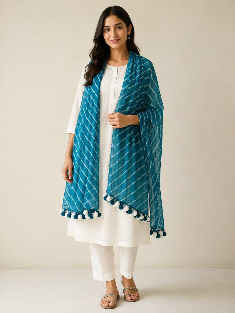 Chiffon Leheriya Printed Dupatta with Pom Pom Lace