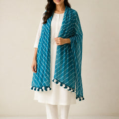 Chiffon Leheriya Printed Dupatta with Pom Pom Lace
