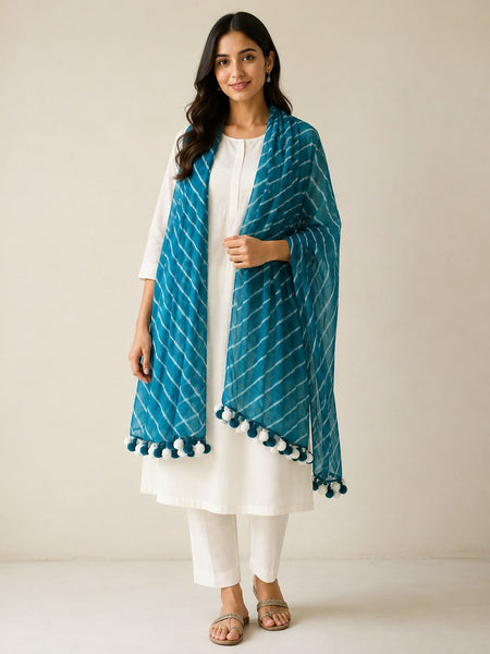 Chiffon Leheriya Printed Dupatta with Pom Pom Lace