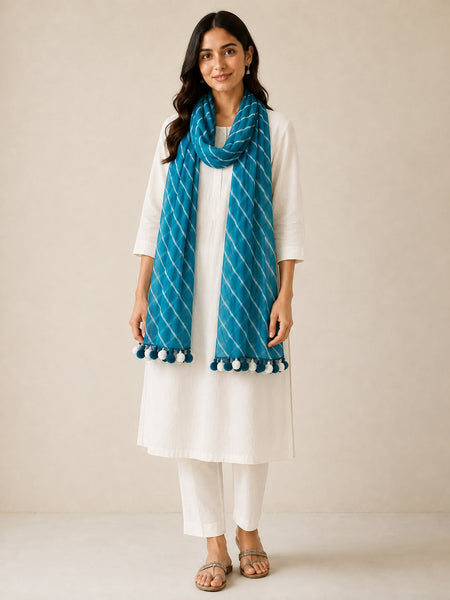 Chiffon Leheriya Printed Dupatta with Pom Pom Lace