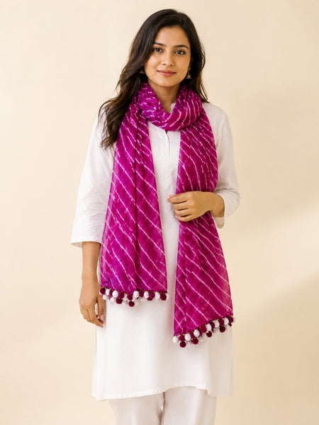 Chiffon Leheriya Printed Dupatta with Pom Pom Lace