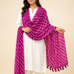 Chiffon Leheriya Printed Dupatta with Pom Pom Lace