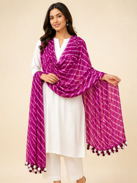 Chiffon Leheriya Printed Dupatta with Pom Pom Lace