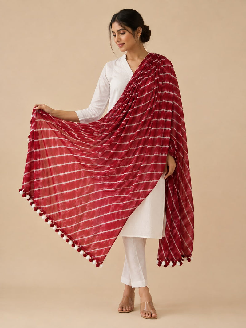Chiffon Leheriya Printed Dupatta with Pom Pom Lace |