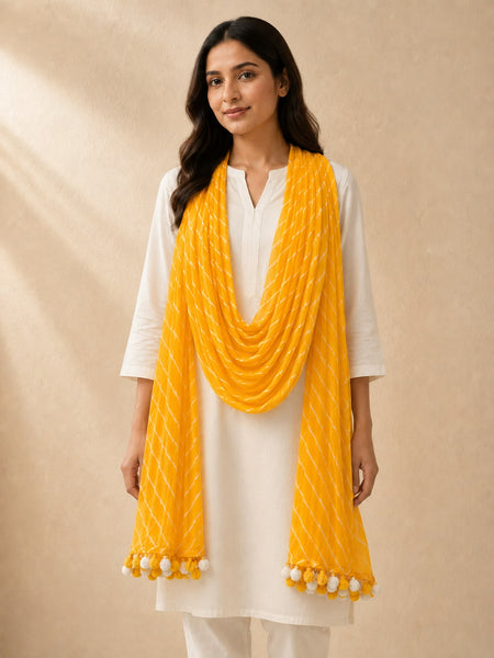 Chiffon Leheriya Printed Dupatta with Pom Pom Lace