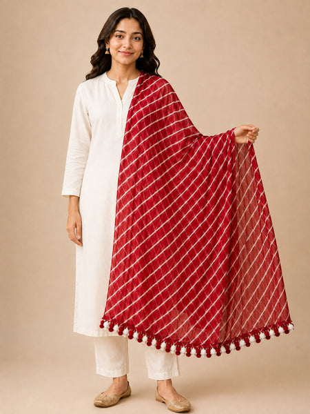 Chiffon Leheriya Printed Dupatta with Pom Pom Lace |
