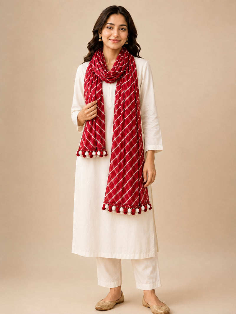 Chiffon Leheriya Printed Dupatta with Pom Pom Lace |