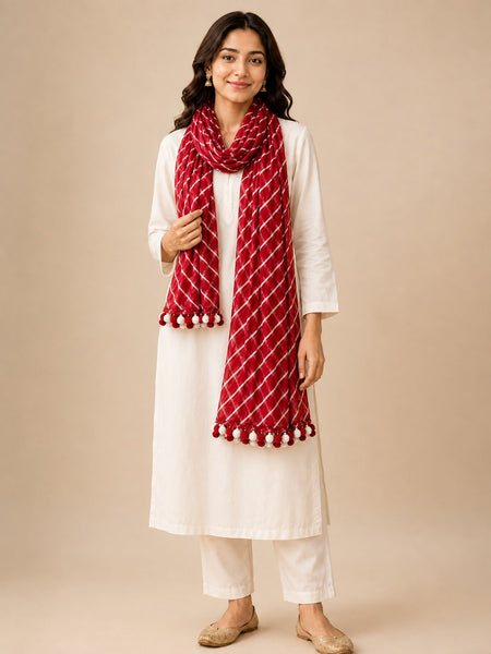 Chiffon Leheriya Printed Dupatta with Pom Pom Lace |