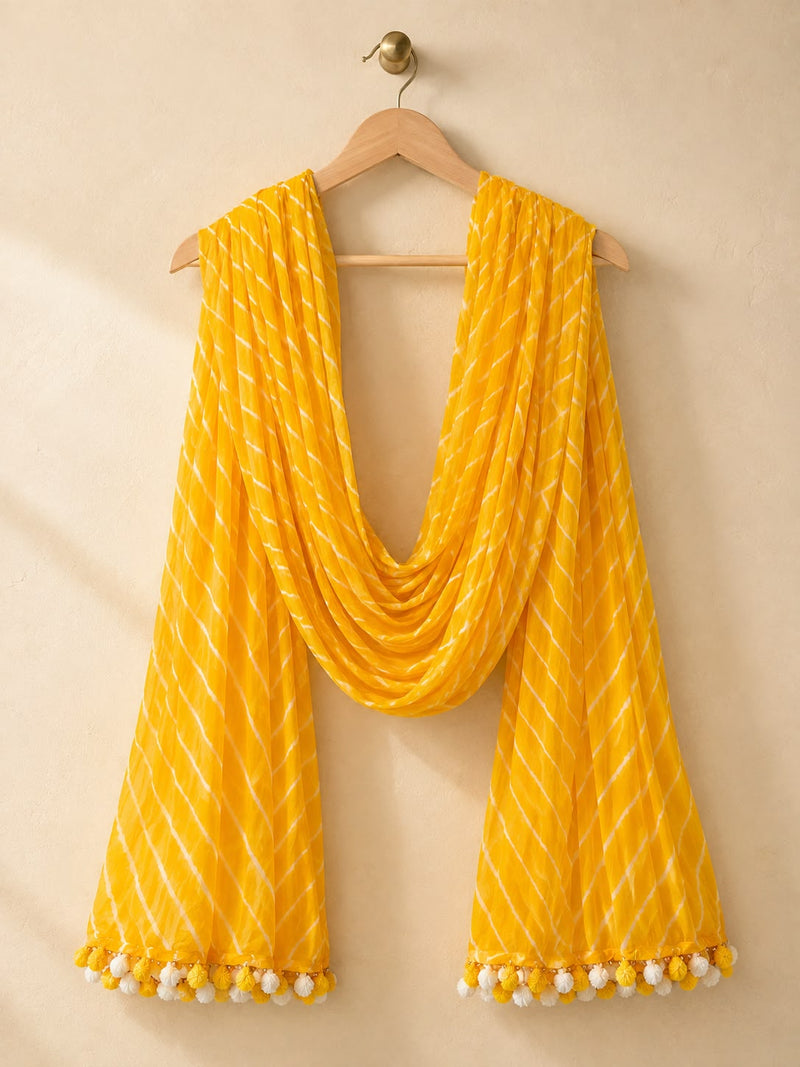 Chiffon Leheriya Printed Dupatta with Pom Pom Lace