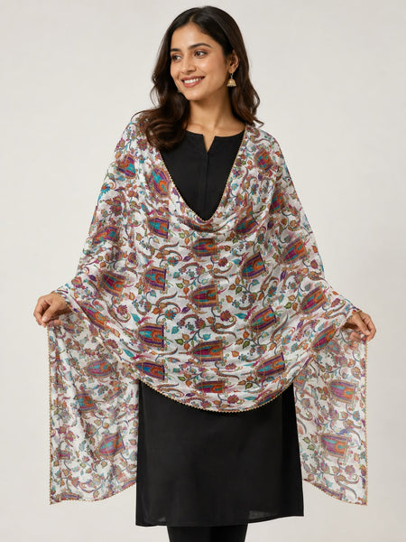 Women’s Art Silk Bird Printed Dupatta with Zari and Sequin Work | Traditional Rajwadi Style Festive Dupatta