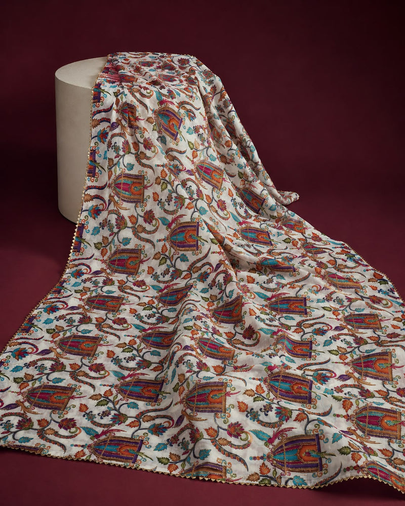 Women’s Art Silk Bird Printed Dupatta with Zari and Sequin Work | Traditional Rajwadi Style Festive Dupatta