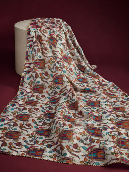 Women’s Art Silk Bird Printed Dupatta with Zari and Sequin Work | Traditional Rajwadi Style Festive Dupatta