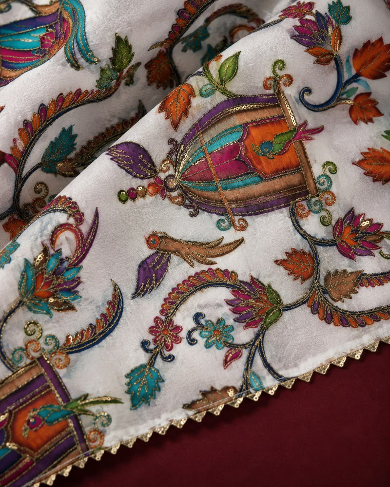 Women’s Art Silk Bird Printed Dupatta with Zari and Sequin Work | Traditional Rajwadi Style Festive Dupatta