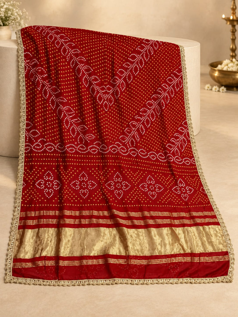 Gaji Silk Printed Dupatta with Gold Border & Lace Edging