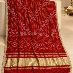 Gaji Silk Printed Dupatta with Gold Border & Lace Edging