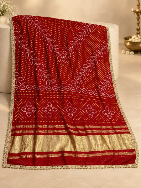 Gaji Silk Printed Dupatta with Gold Border & Lace Edging