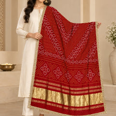 Gaji Silk Printed Dupatta with Gold Border & Lace Edging