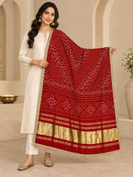 Gaji Silk Printed Dupatta with Gold Border & Lace Edging
