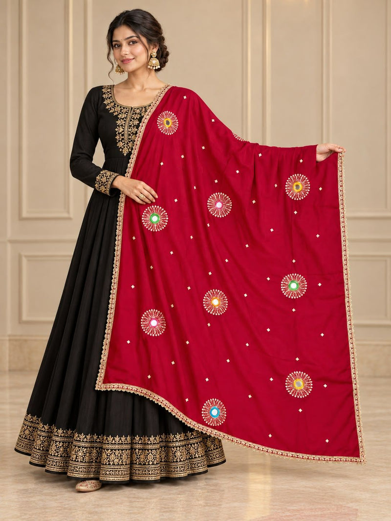 Rani Pink Chinon Dupatta with Mirror & Sequin Work