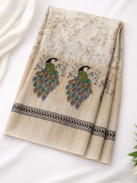 Women's Art Silk Printed Peacock Border Tassel Dupatta