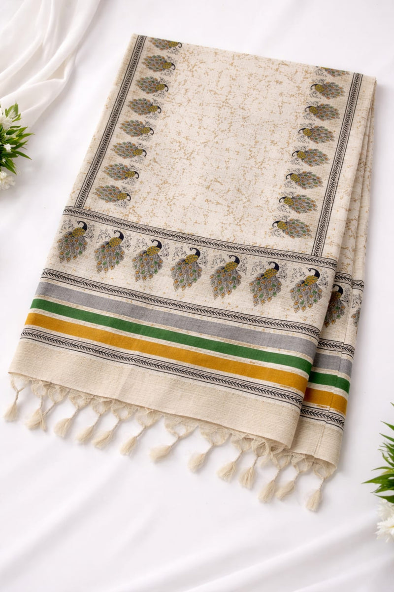 Women's Art Silk Printed Peacock Border Tassel Dupatta