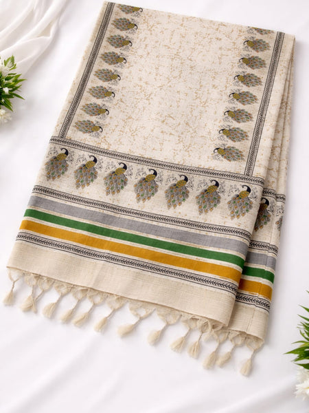 Women's Art Silk Printed Peacock Border Tassel Dupatta