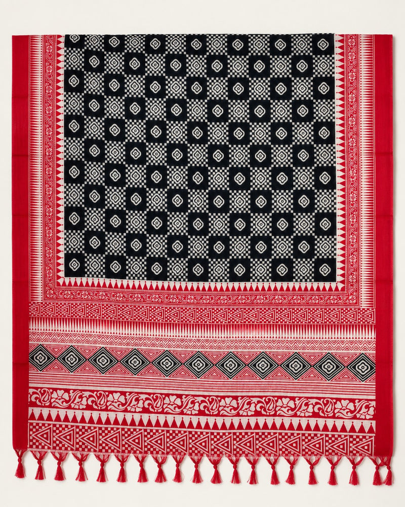 Women’s Art Silk Geometric Printed Dupatta with Contrast Border and Tassels