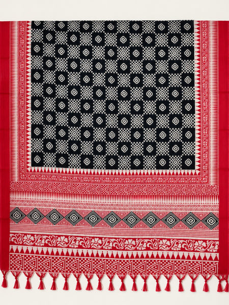 Women’s Art Silk Geometric Printed Dupatta with Contrast Border and Tassels