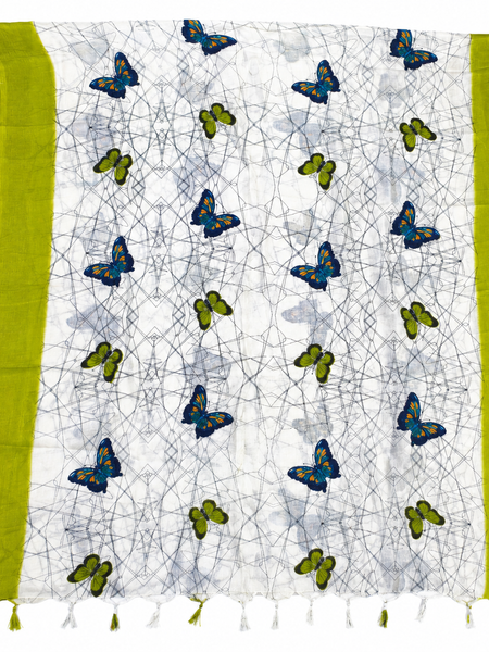 Art Silk Butterfly Printed Dupatta with Contrast Border & Tassels for Women