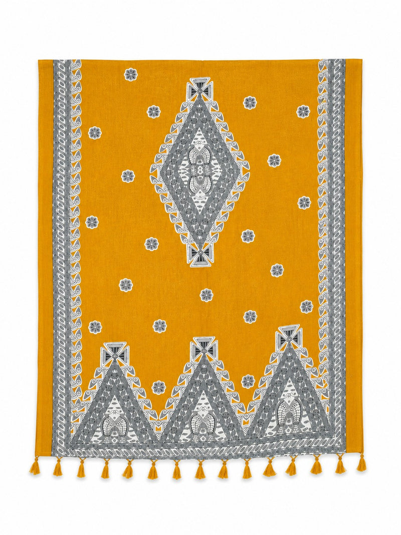 Women’s Yellow Art Silk Traditional Printed Dupatta with Contrast Border and Tassels