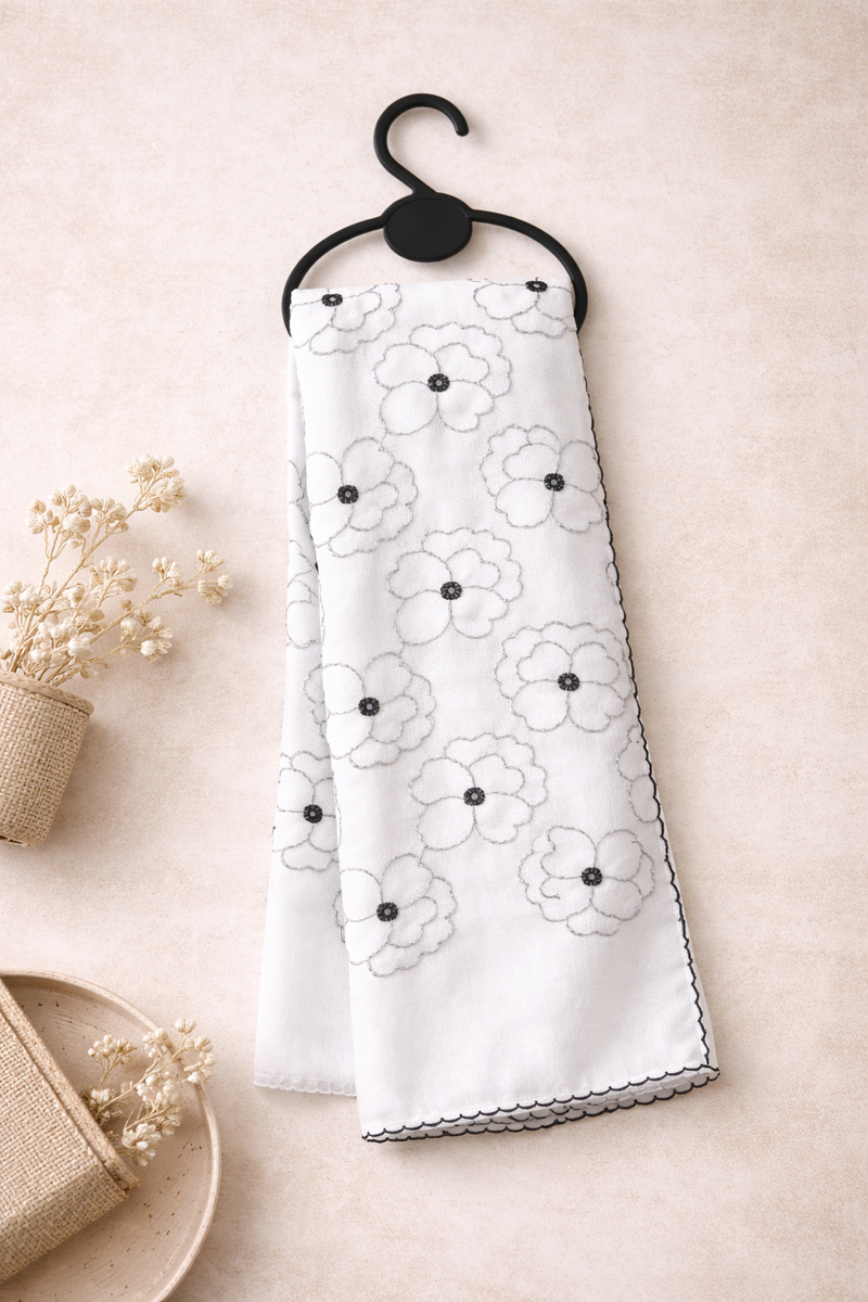 White Thread Embroidered Scarf with Black Floral Outline and Fine Edge Finish