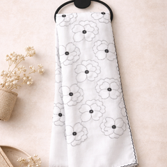 White Thread Embroidered Scarf with Black Floral Outline and Fine Edge Finish